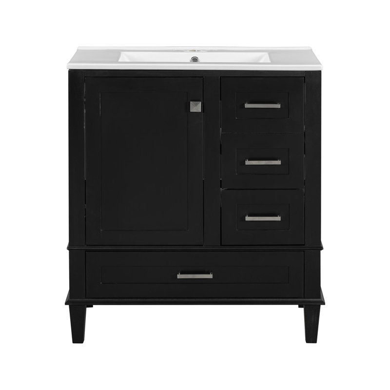 Meuble-lavabo avec rangement, 30", Noir, Argent argent