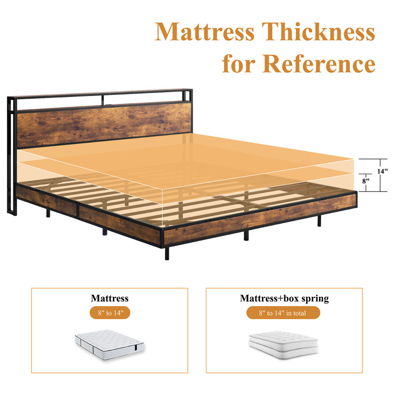 Khemis Floating Bed Frame with LED Lights and  Charging Station, Queen, Rustic Brown