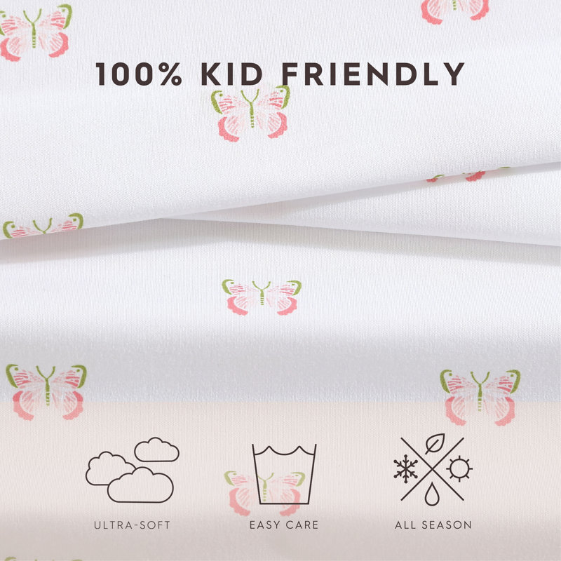 Pink Butterfly Print Kids Full Microfiber Sheet Set