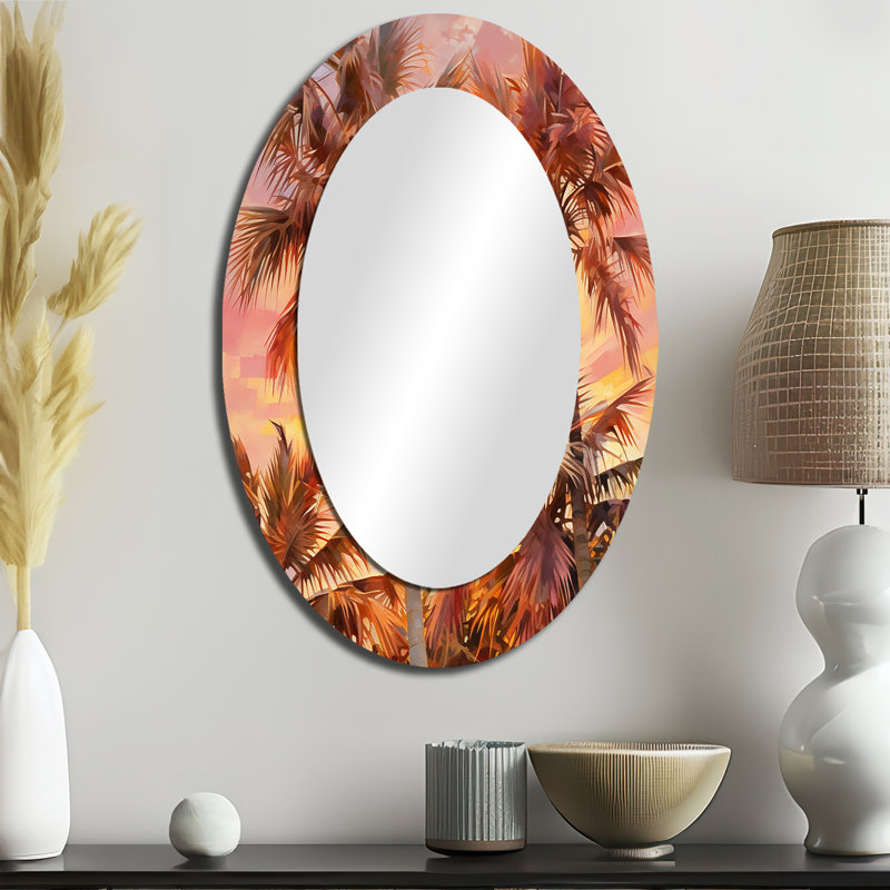 Rose Radiance Sunset Palm Trees I - Large Oval Wall Mirror On Metal, 36" H x 24" W