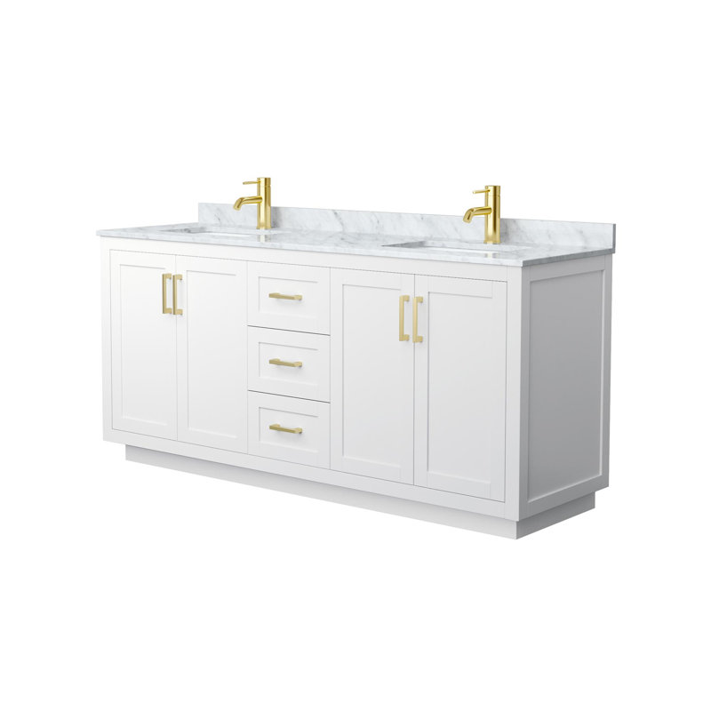 Meuble-lavabo double autoportant 72 po avec plateau en marbre Miranda, Blanc, Or brossé