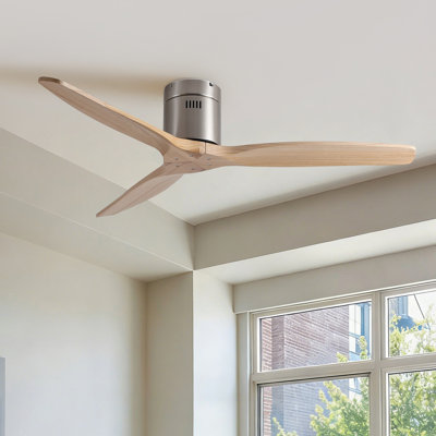 52 Inch Mordern Natural Style Rustic Elegance Brushed Nickel Light Yellow Solid Wood Blades Low Profile Flush Mount Ceiling Fan Without Light