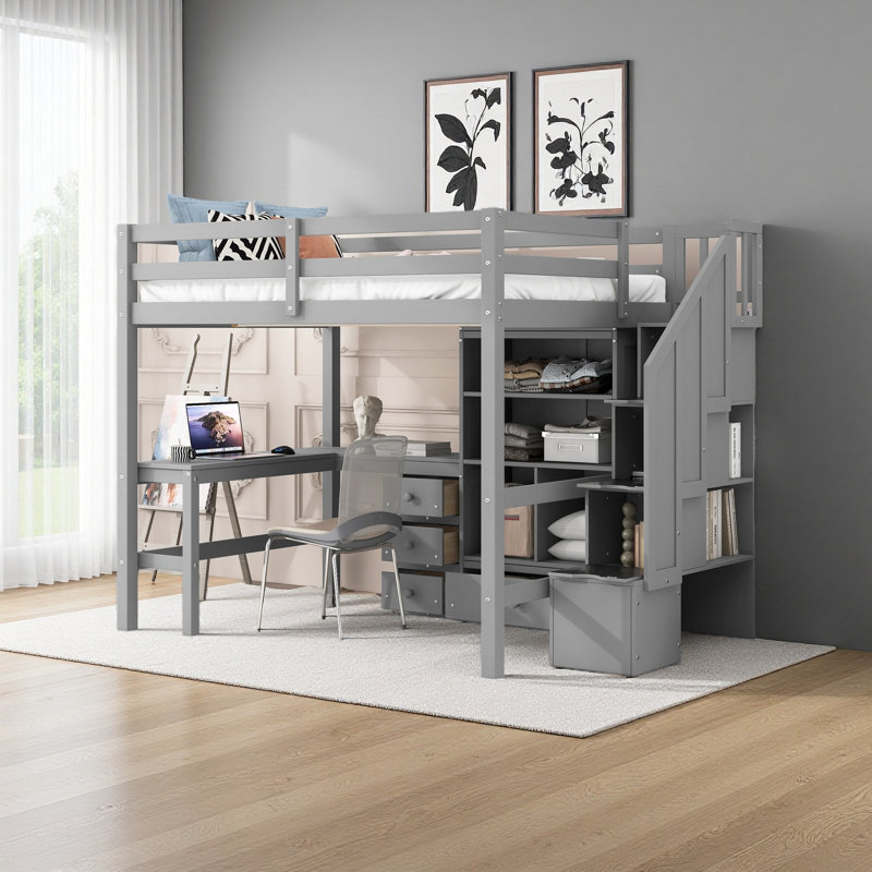 Lit mezzanine double avec bureau en L et tiroirs, armoire et escalier de rangement, Gris