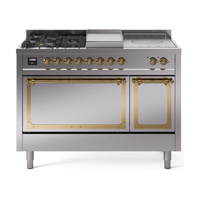 Cuisinière à double combustible ILVE Nostalgie II Series 48 po avec 5 brûleurs scellés, plaque de cuisson et table française (gaz naturel, porte pleine)