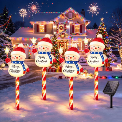 Ensemble de 3 décorations de Noël bonhomme de neige solaire, 8 lumières de jardin solaires, piquet de Noël candy cane, décor extérieur de Noël pour cour, patio, sentier