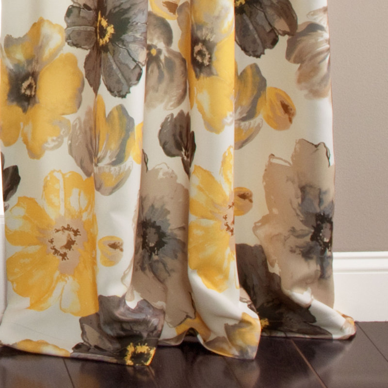 Yellow and Gray Floral Faux Silk Room Darkening Curtain Panels, 52"W x 84"L