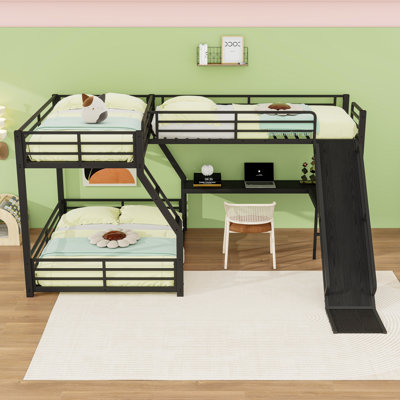 Metal Bunk Bed With L-Shaped Desk, USB Ports And Slide
