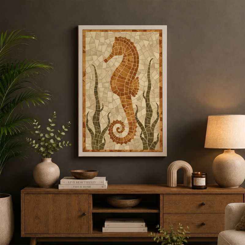 Seahorse Mosaic Coastal - Wrapped Canvas, 24x16 - 61.0 x 40.6 cm, Sage Border