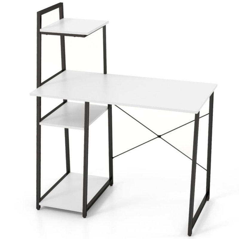 Bureau d'ordinateur avec tablettes et bibliothèque de rangement à 3 niveaux