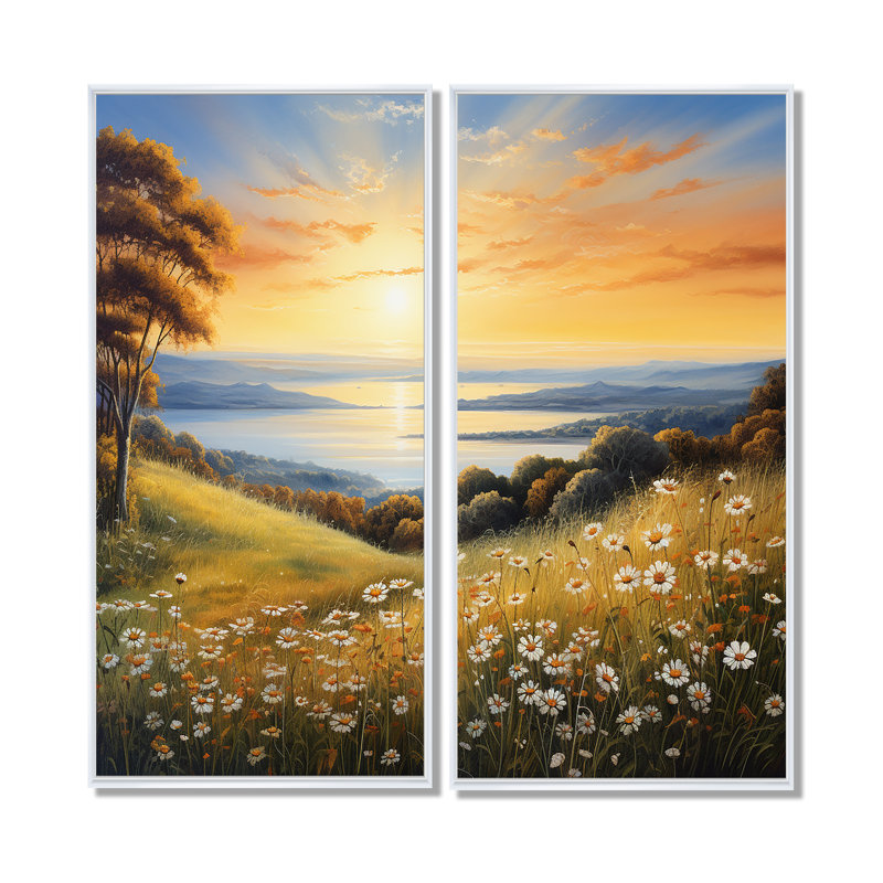Fleurs blanches et vertes, horizon doré, toile jaune, 2 panneaux, 32" H x 32" W, Impression encadrée flottante, White