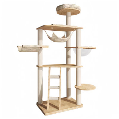 Minimalist Rubber Wood Cat Tree with Kraft Paper Rope & Corn Grain Plush Mats for Home Use