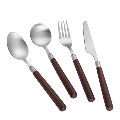 Stainless Steel Flatware Set With Wooden Texture, Service For 4 | Dinner Knives, Forks, Spoons, Dessert Forks