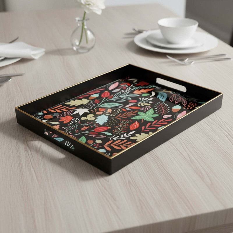 Rectangle Serving Tray with Handles, Waterproof Plastic Coffee Table Tray for Ottoman, Living Room, Patio, Breakfast
