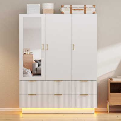 Armoire Wardrobe Closet With 3 Door, Mirror And Led Lights by Wrought Studio