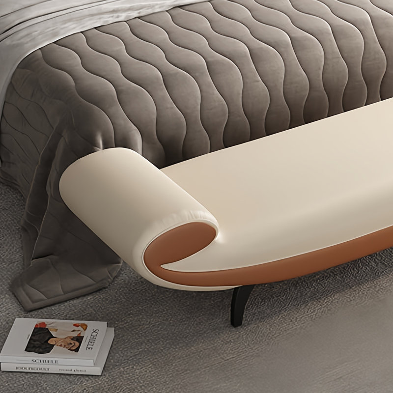 Banc rembourré en cuir Eftichia, H 19,68 po x l 59,05 po x P 17,71 po, Blanc cassé / Brun