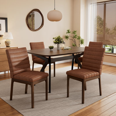 -piece Upholstered Dining Set Rubberwood Frame Mid-century Modern Style For Family Dining Room