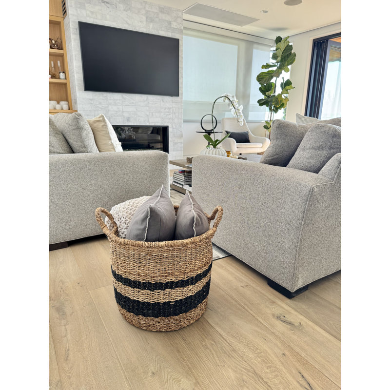 Panier de rangement décoratif rond à rayures avec poignées Abaca, naturel et noir