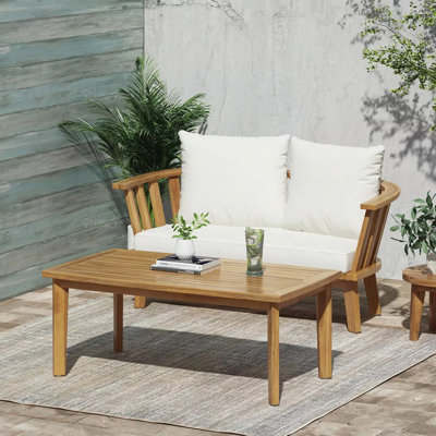 2 - Person Outdoor Acacia Wood Patio Seating Group With Cushions And Coffee Table For Porch, Garden, Backyard, Balcony