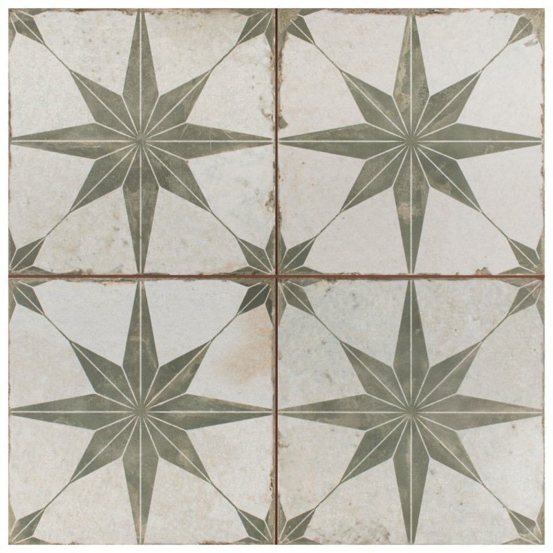 Kings 18" x 18" Ceramic Patterned Wall & Floor Tile, Beige/Sage