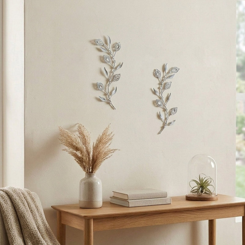 Ensemble de 2 feuilles d'art mural, sculpture de branche d'arbre en métal avec strass, décoration murale en fer forgé prête à accrocher