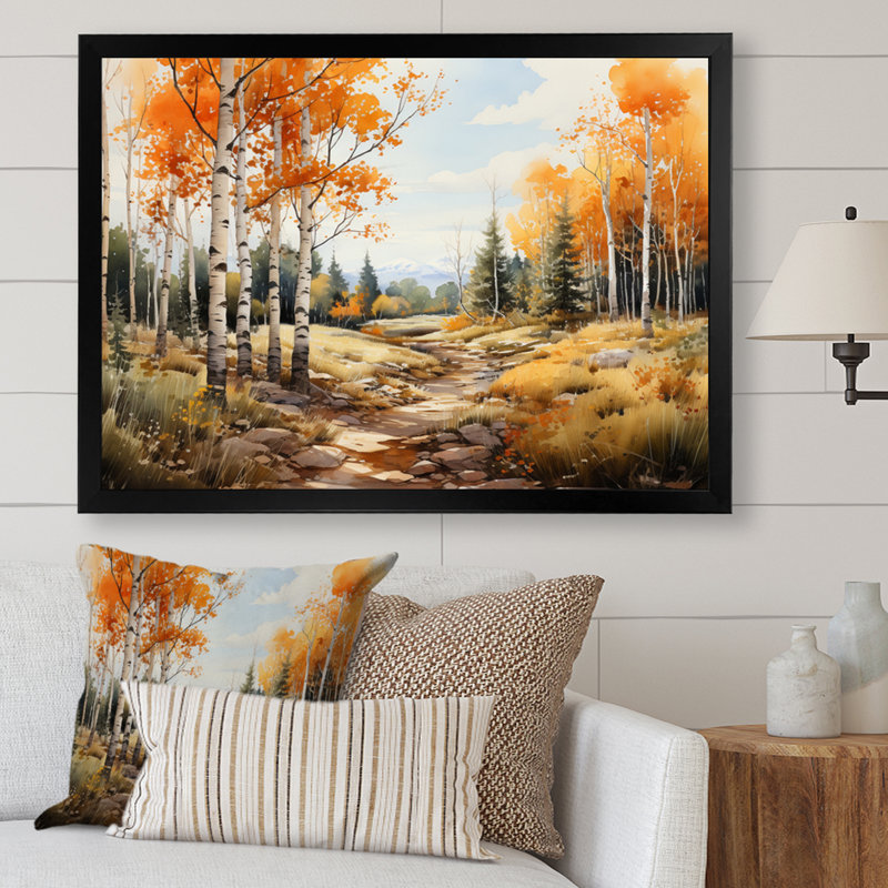Atthia orange et forêt jaune Aspen II - impression, H 12 po x l 20 po x P 1 po, Cadre simple noir