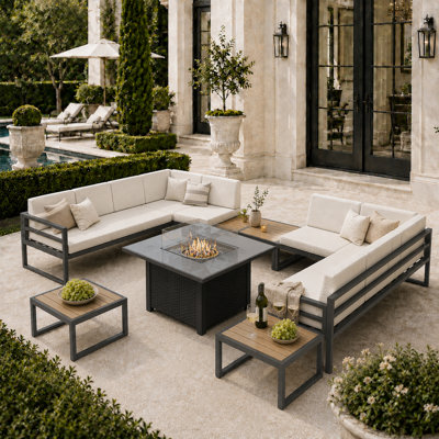6-Piece Patio Furniture Set Aluminum Outdoor Conversation Sofa Sectional Bench With Beige Thick Cushions For Seating