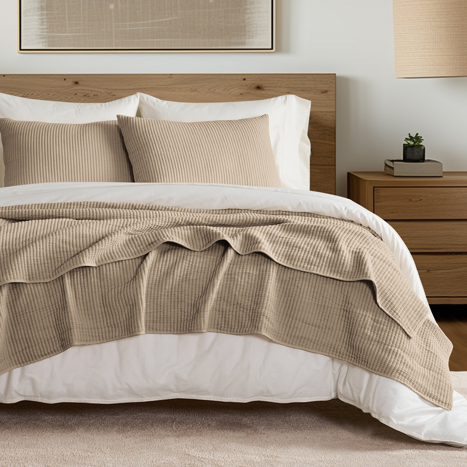 Ribbed Matelassé Cotton Coverlet Set, Queen Quilt + 2 Queen Shams, Sienna Brown