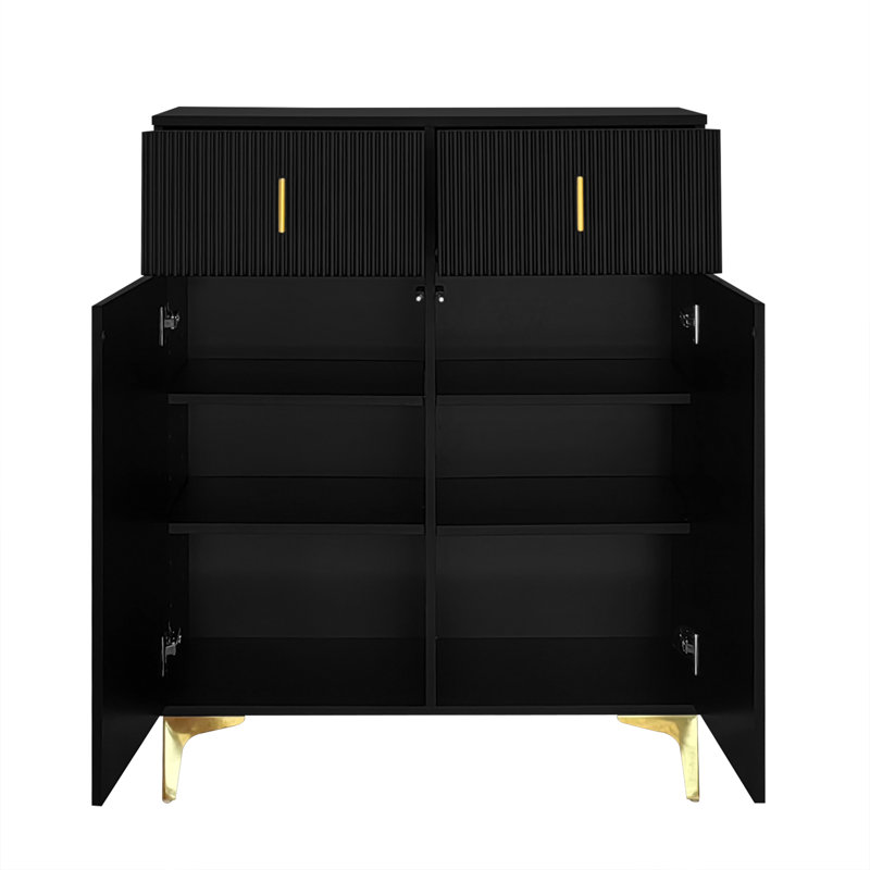 Élégant buffet / armoire à chaussures avec panneaux structurés, tablettes réglables et décorations plaquées or, avec tiroirs