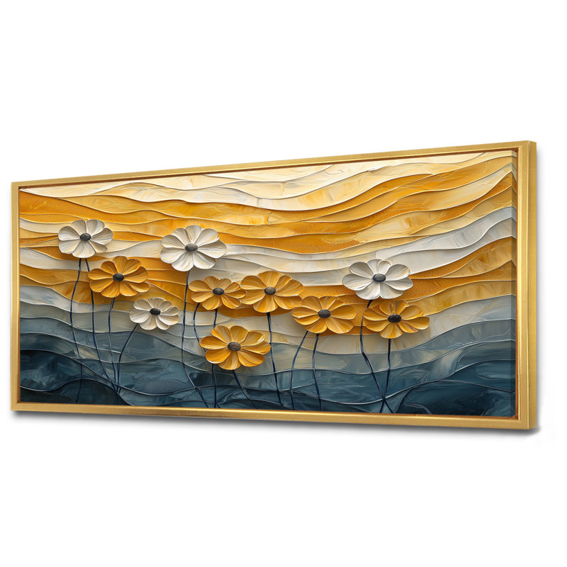 Désert, fleur de bleuet II, H 28 po x l 60 po, Cadre flottant, Doré