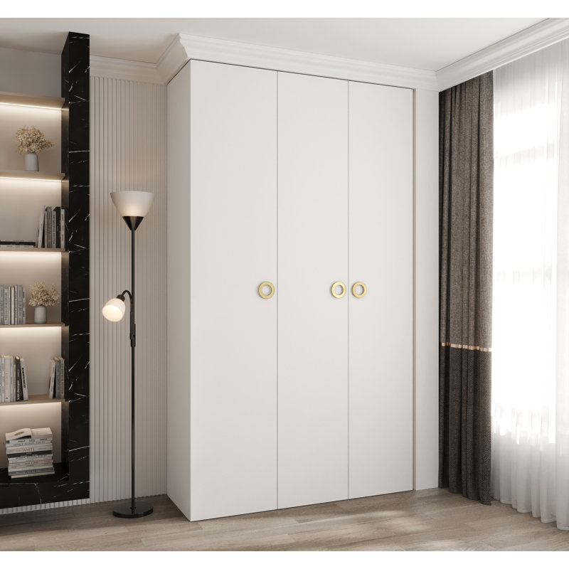 Wardrobe Moko 1, 245cm H x 140cm W x 40cm D, White Matt/Gold Hanlde