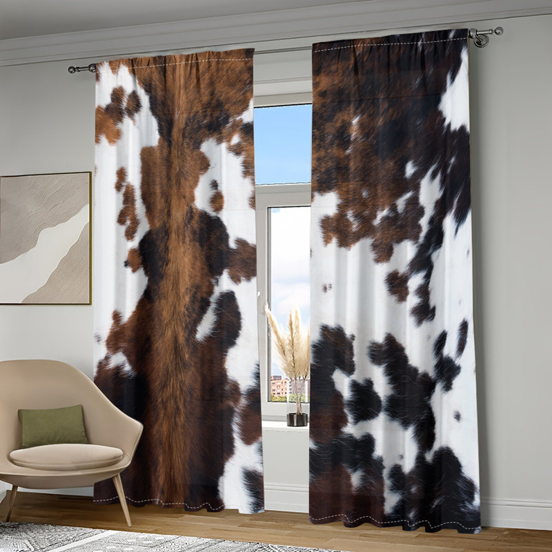 2Pcs Cowhide Pattern Curtain Panel Western Style Rod Pocket Window Drapes Brown White Cattle Print Rustic Country Farmhouse Curtains Light Filtering Panels for Living Room Bedroom Kitchen Home Decor