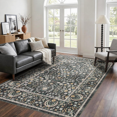10x13 Vintage Boho Floral Low Pile Carpet Washable Soft Non Slip Rug with Stain Resistant Material for Multiple Indoor Spaces, Green