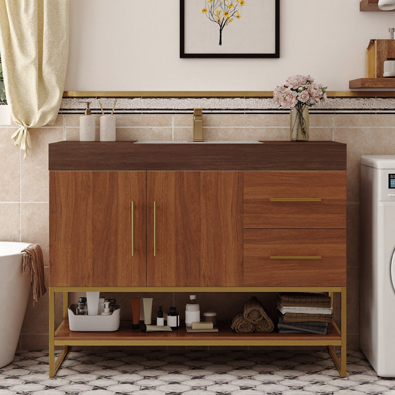 Meuble-lavabo autoportant 36 po avec lavabo en céramique et or moderne 36 po, Or, brun, noyer, blanc