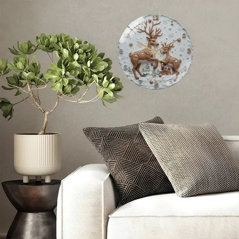 Clock-Face-With-Deer-In-Snow Art - 12'' Modern Glass Wall Clock