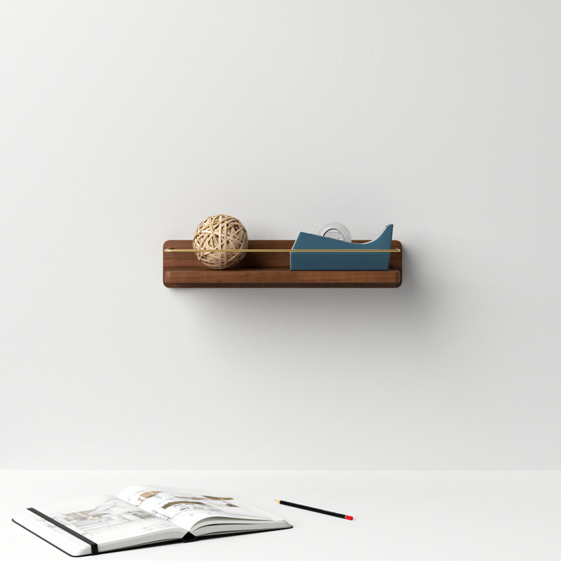 Dandre Modern Brass Wooden Shelf, 3.2" H x 12" W x 5.6" D, Walnut