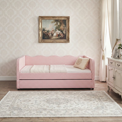 Gingham Upholstered Convertible Daybed Sofa Bed with Pull-Out Trundle, Wave Backrest, Storage Pockets