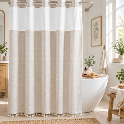 71 x 74 Inch Farmhouse Linen Shower Curtain with Snap-In Liner and No Hooks, Beige