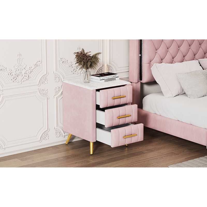 Table de chevet rose rembourrée avec 3 tiroirs et 3 pieds en métal avec pieds, Rose