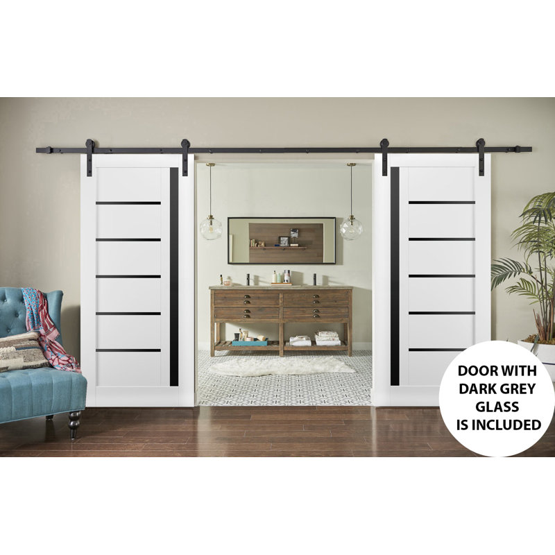 Sturdy Double Barn Door with Quadro 4588 White Silk with Black Glass 13FT Rail Hangers Heavy Set Solid Panel Interior Doors-56" x 84" (2* 28x84)-Black Rail-Black Glass
