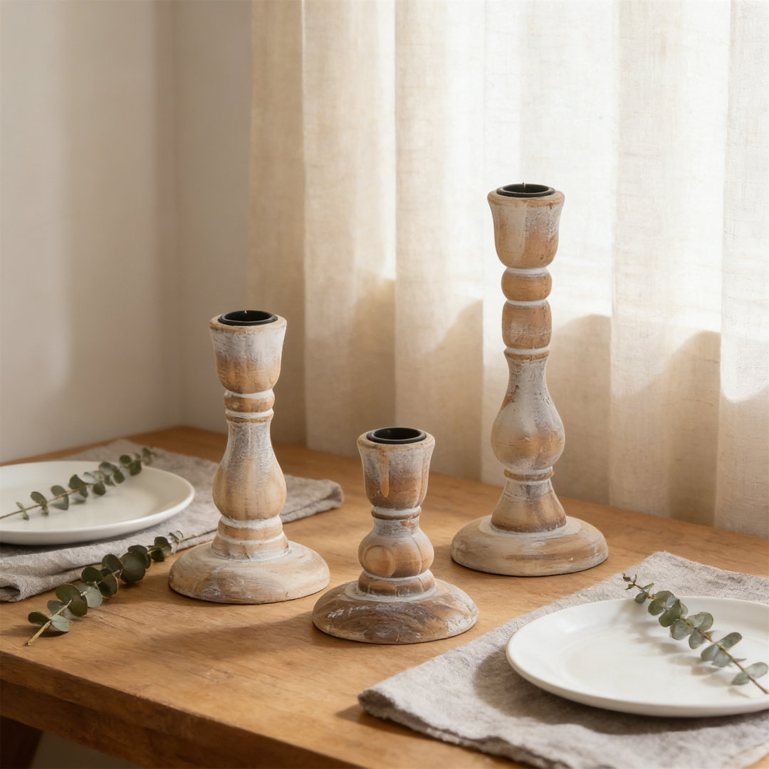 3-Piece Rustic Wooden Candlestick Holders - Vintage White Taper Candle Holders For Home & Event Decor