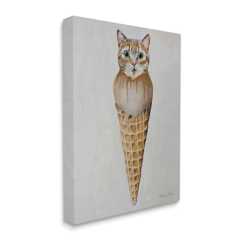 Chat tigré, glace, cuillère, dessert, gaufre, cône par Coco de Paris - Peinture, Toile tendue, H 40 po x l 30 po x P 1,5 po