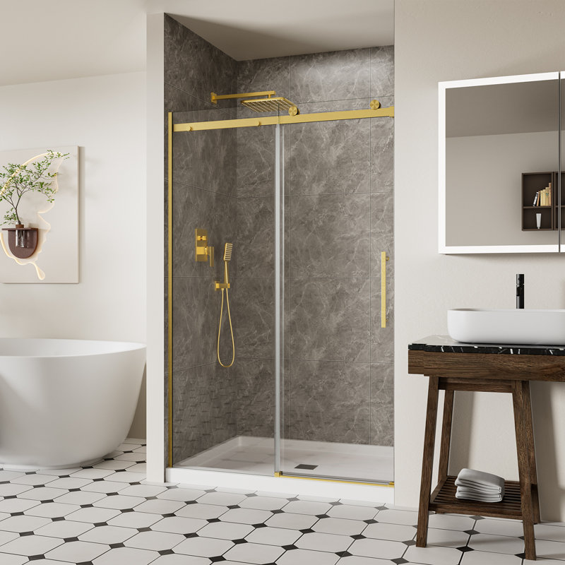 44-48" W x 74" H Frameless Sliding Shower Door, 1/4" (6mm) SGCC Tempered Glass with Explosion-Proof Film & Nano Coating, Stopper Included, Brushed Gold
