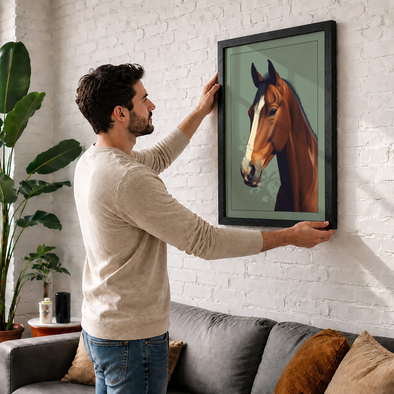 Bay Horse Portrait Modern - Framed Print, A4 - 29.7 x 21.0 cm, Black