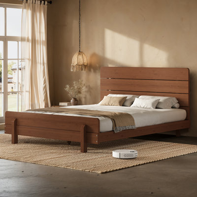 Queen Size Solid Bamboo Platform Bed Frame With Horizontal Slatted Headboard, No Box Spring Needed, Noise-Free Low Profile Sturdy Bed Frame, Brown Finish