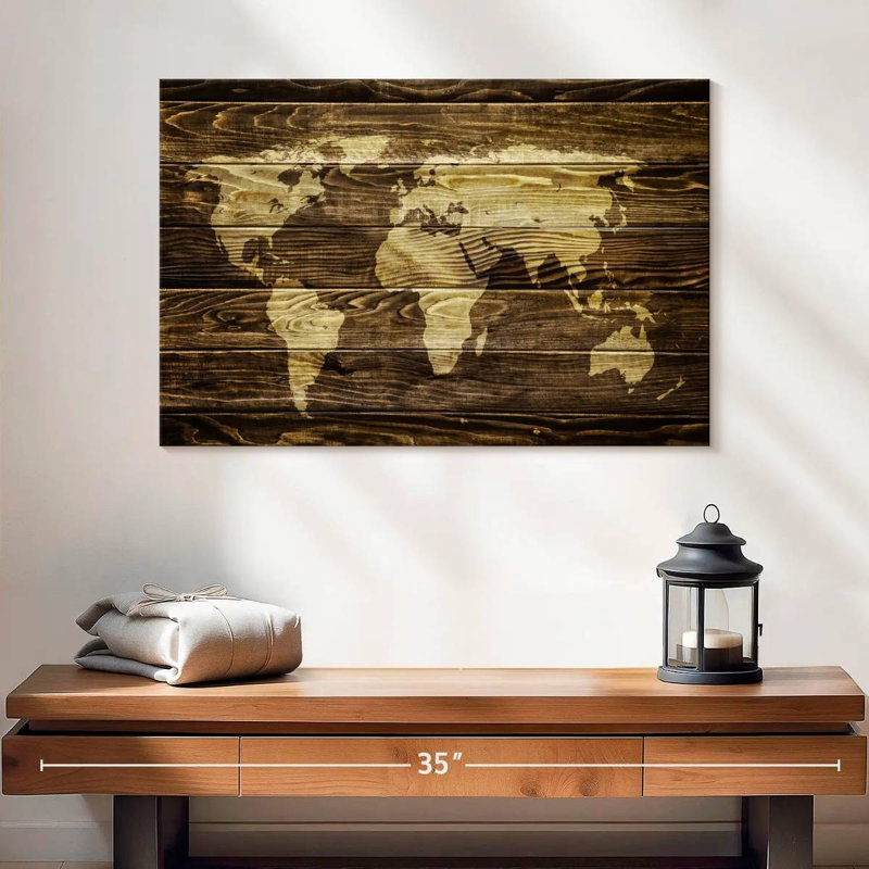 Impression sur toile carte du monde en bois foncé, H 16 po x l 24 po x P 1,25 po