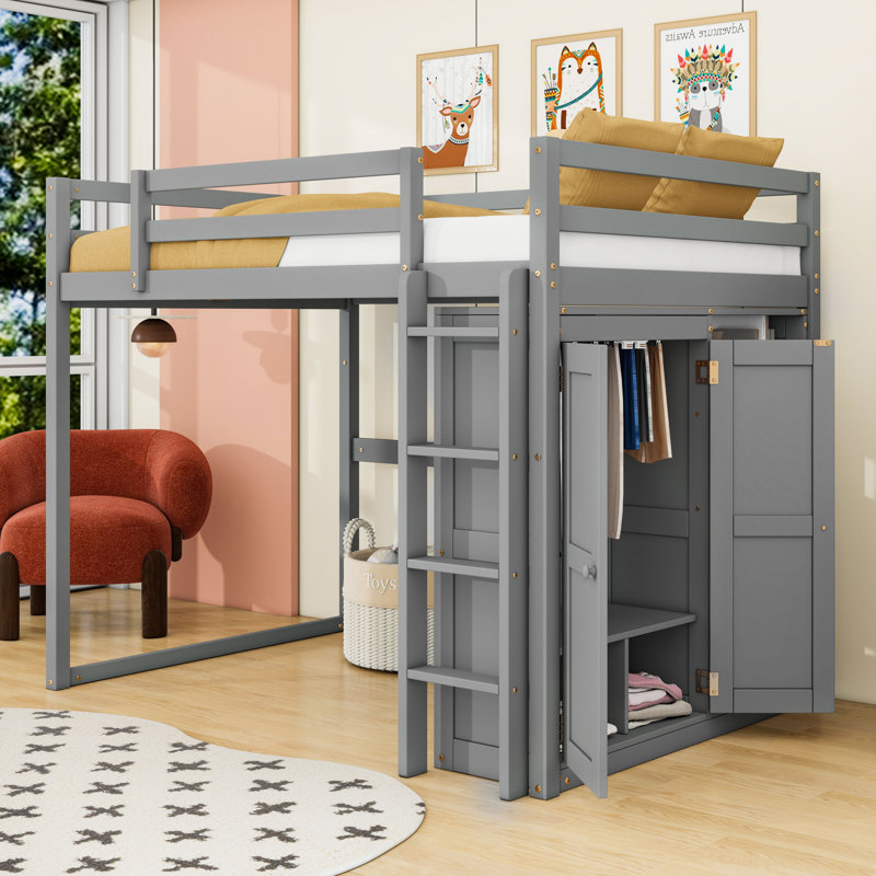 Lit mezzanine double en bois avec échelle intégrée, tablettes de rangement, garde-robe et lumière DEL, Gris
