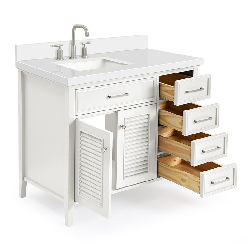 Ariel Kensington Left Offset Rectangle Single Sink Vanity, White, 36.25", Carrara White Quartz