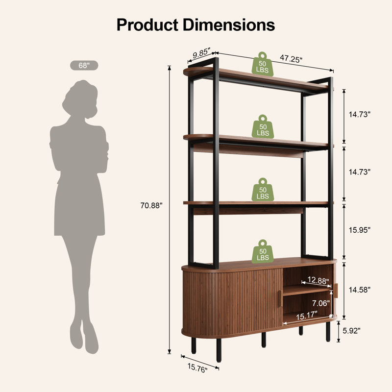 71''H Bookcase With Curved Storage Cabinet, 4-Tier Bookshelf With Tambour Sliding Door & Adjustable Leg, Walnut