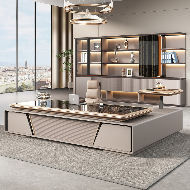 Bureau de direction multifonctionnel de luxe léger de 220 cm (86,61 po) – Armoire latérale à hauteur réglable électriquement avec boîtier de câbles multimédia et serrure à combinaison, bureau de direction à double rangement latéral