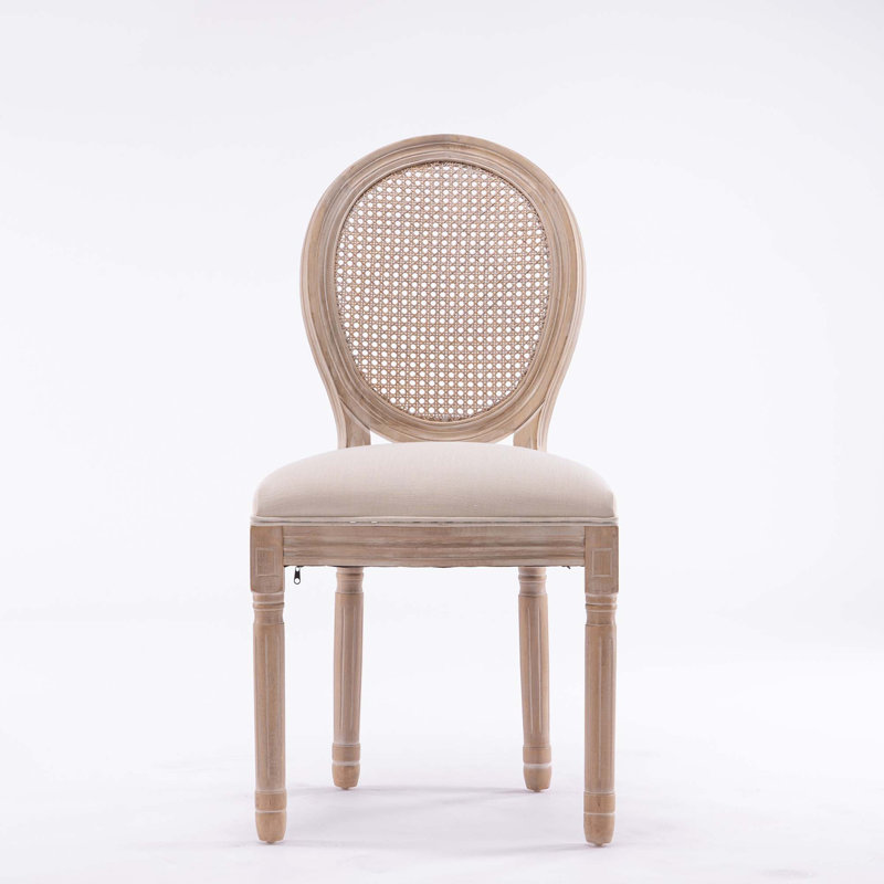 French Style Solid Wood Frame Linen Fabric Rattan Back Dining Chair,Set Of 2, Beige